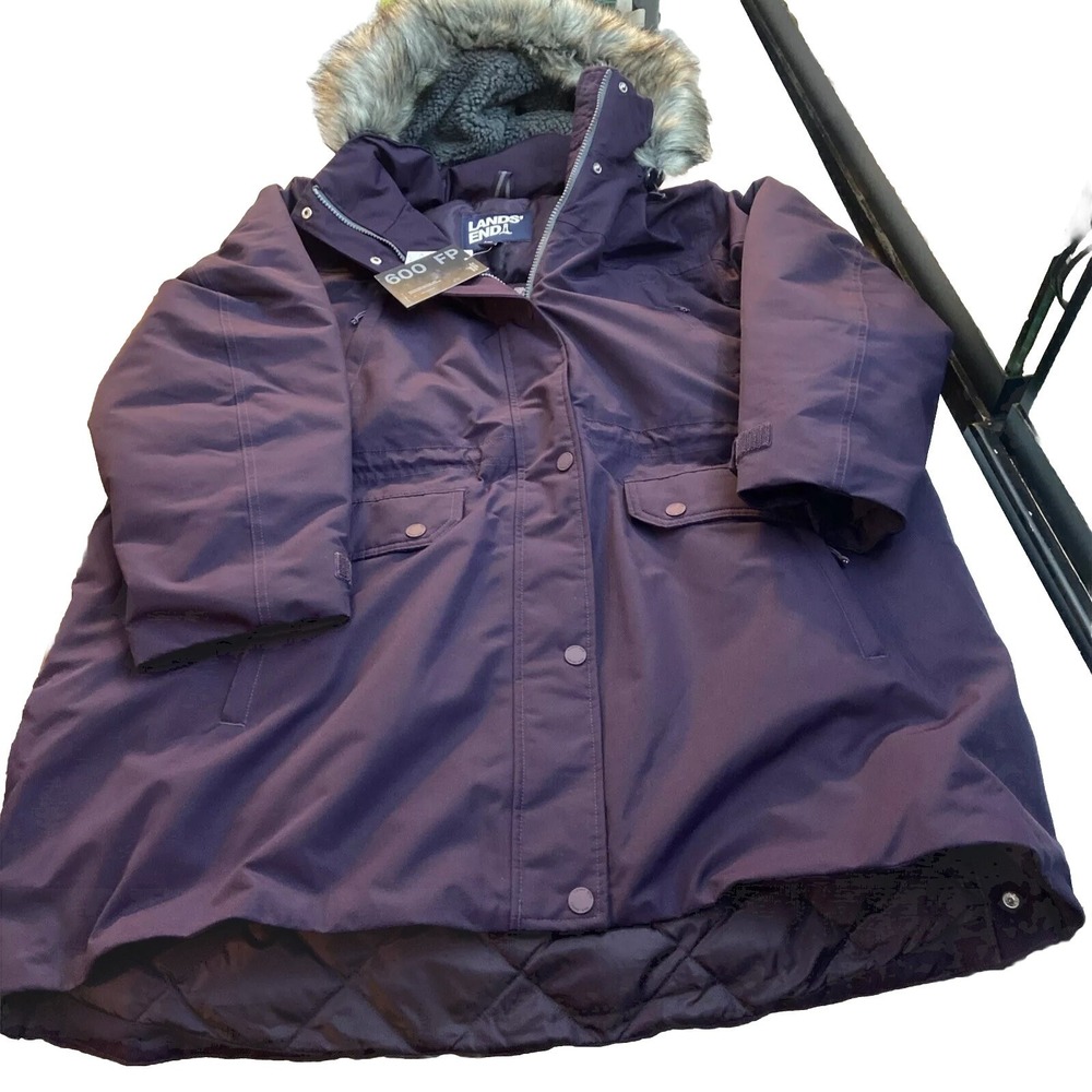 Lands' End Women's 2X Down Puffer Jacket Purple 600 Fill Power Faux Fur Hood Coa